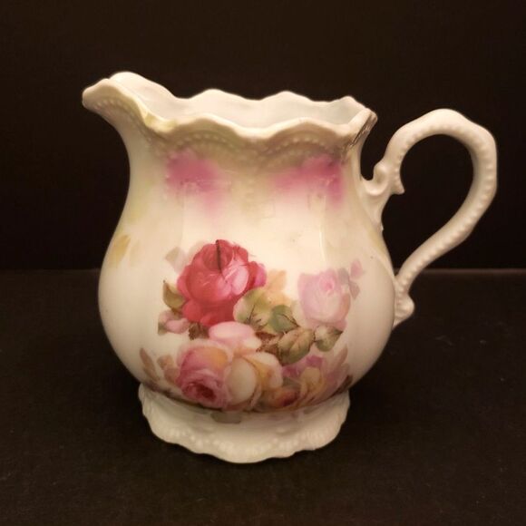 Leuchtenburg Germany Porcelain Cream Pitcher Jug Pink Roses Castle Mark Antique - Picture 1 of 12